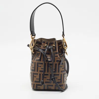 Pre-owned Fendi Mon Tresor Mini Brown/black Ff Leather Bucket Bag