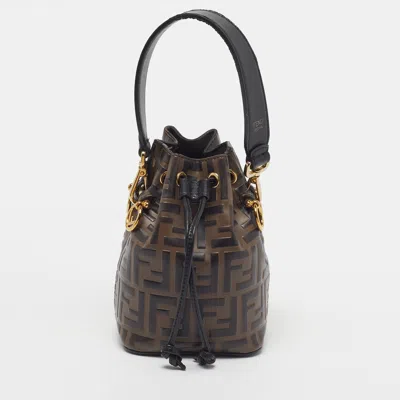 Pre-owned Fendi Mon Tresor Mini Brown/black Ff Leather Bucket Bag