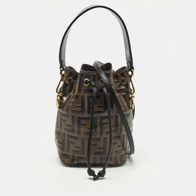 Pre-owned Fendi Mon Tresor Mini Brown/black Zucca Leather Bucket Bag