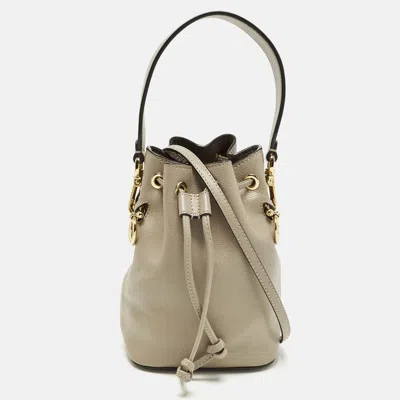 Pre-owned Fendi Mon Tresor Mini Leather Drawstring Bucket Bag In Sand