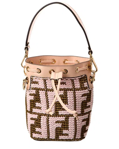Fendi Mon Tresor Mini Raffia & Leather Bucket Bag (authentic ) In Pink