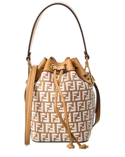 Fendi Mon Tresor Mini Raffia & Leather Bucket Bag In Brown