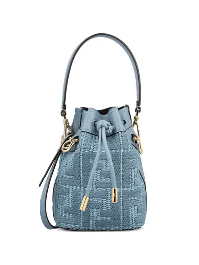 Fendi Mon Tresor Mini Straw Bucket Bag In Blue