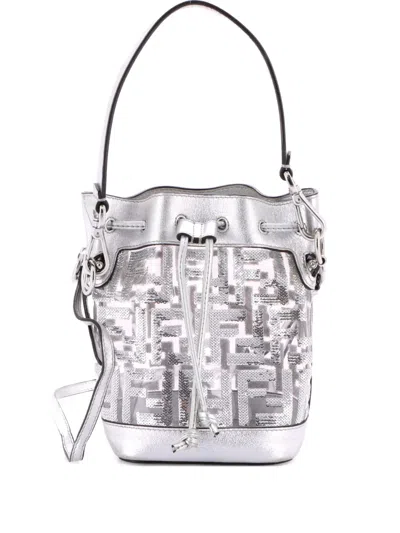 Pre-owned Fendi Mon Tresor Sequin Zucca Embroidered Pvc Mini Bucket Bag In Silver