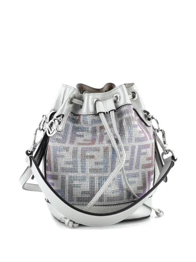 Pre-owned Fendi Mon Tresor Zucca Crystal Embellished Suede Mini Bucket Bag In Multi