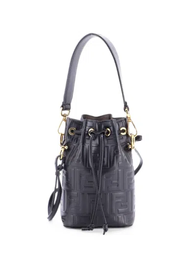 Pre-owned Fendi Mon Tresor Zucca Embossed Leather Mini Bucket Bag In Black
