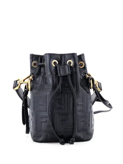 Pre-owned Fendi Mon Tresor Zucca Embossed Leather Mini Bucket Bag In Black