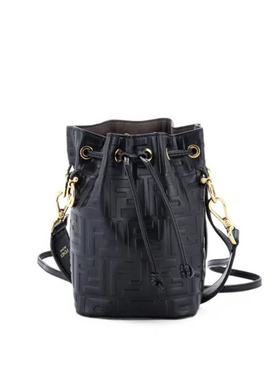 Pre-owned Fendi Mon Tresor Zucca Embossed Leather Mini Bucket Bag In Black