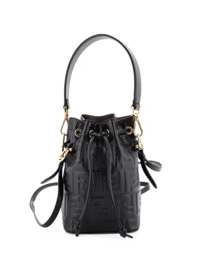 Pre-owned Fendi Mon Tresor Zucca Embossed Leather Mini Bucket Bag In Black