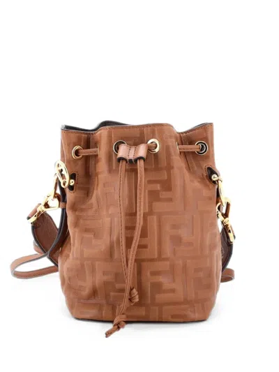 Pre-owned Fendi Mon Tresor Zucca Embossed Leather Mini Bucket Bag In Brown