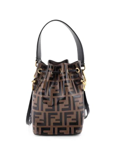 Pre-owned Fendi Mon Tresor Zucca Embossed Leather Mini Bucket Bag In Brown