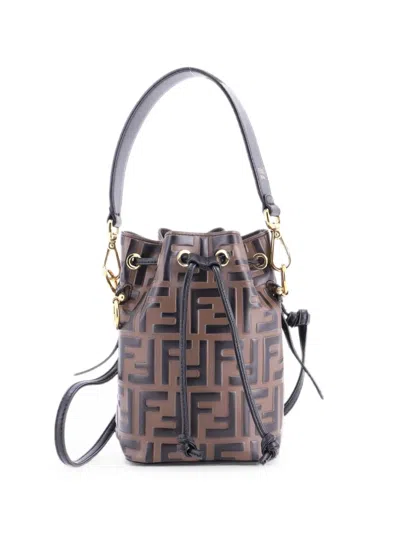 Pre-owned Fendi Mon Tresor Zucca Embossed Leather Mini Bucket Bag In Brown
