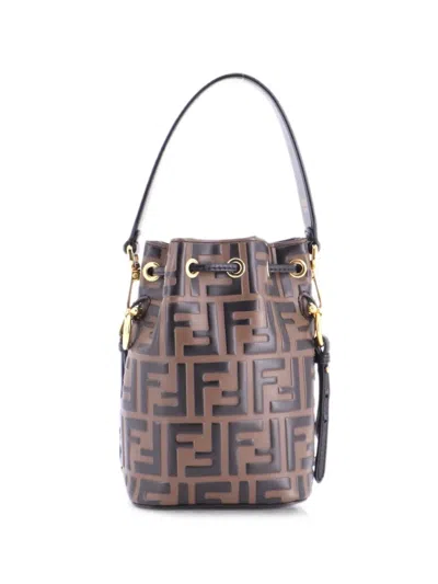 Pre-owned Fendi Mon Tresor Zucca Embossed Leather Mini Bucket Bag In Brown