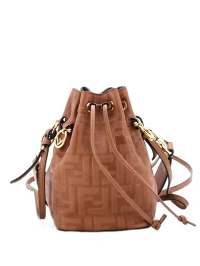 Pre-owned Fendi Mon Tresor Zucca Embossed Leather Mini Bucket Bag In Brown
