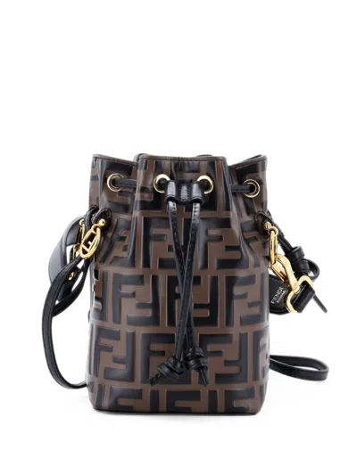 Pre-owned Fendi Mon Tresor Zucca Embossed Leather Mini Bucket Bag In Brown