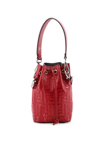 Pre-owned Fendi Mon Tresor Zucca Embossed Leather Mini Bucket Bag In Red