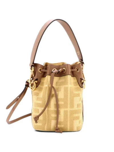 Pre-owned Fendi Mon Tresor Zucca Embroidered Canvas Mini Bucket Bag In Neutrals