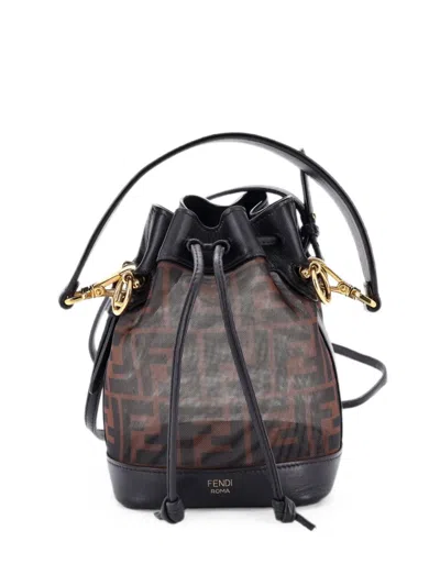 Pre-owned Fendi Mon Tresor Zucca Mesh With Leather Mini Bucket Bag In Brown