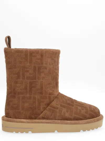 Fendi Monogram Embossed Suede Ankle Boots In Brown
