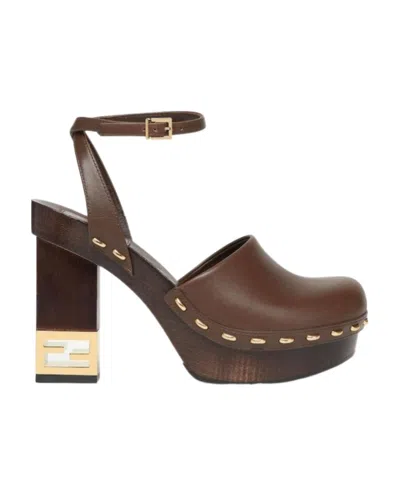 Fendi Monogram-heel Leather Pumps In Brown