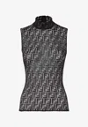 Fendi Women Black Crewneck Sleeveless Top With All-over Ff Motif And Rear Zip Closure In Tech Fabric In Black