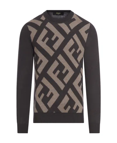 Fendi Monogram-jacquard Crew-neck Wool Jumper In Brown