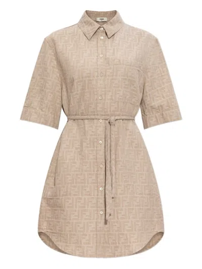 Fendi Patterned Dress With Elasticated Waist And Short Sleeves In Neutral