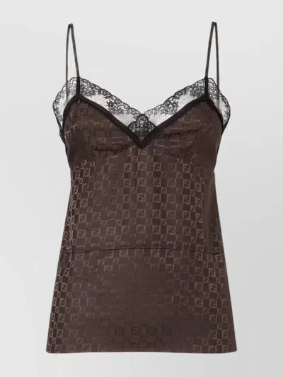 Fendi Monogram Pattern Lace Trim Spaghetti Strap Top In Brown