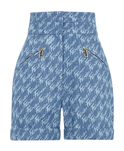 Fendi Monogram-print Denim Shorts In Blue