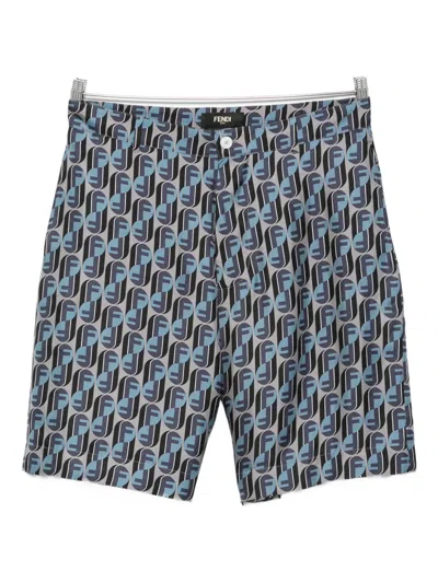 Fendi Monogram-print Silk Shorts In Blue
