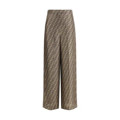 Fendi Monogram Silk Palazzo Trousers In Brown