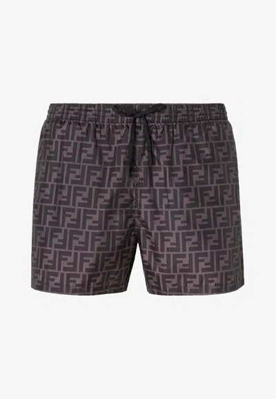 Fendi Tech Fabric With All-over Ff Pattern Swim Shorts In Brown
