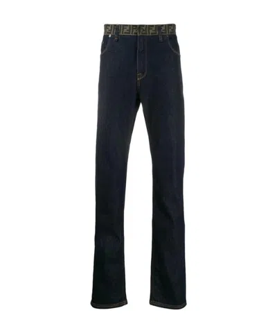 Fendi Monogram Waist Straight Jeans In Black