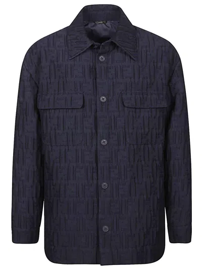 Fendi Monogrammed Collared Long-sleeve Shirt In Lq Blu Notte