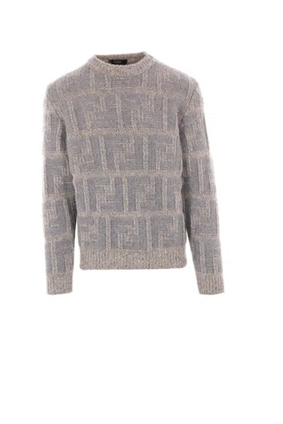 Fendi Monogrammed Crewneck Knit Sweater In Gray