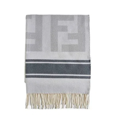 Fendi Monogrammed Stripe-patterned Scarf In Gray
