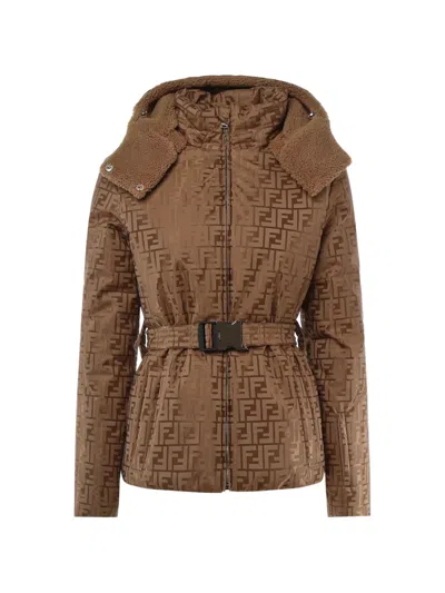 Fendi Monogram-pattern Belted Jacket In Brown