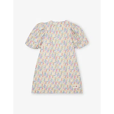 Fendi Kids' Monogram-print Puff-sleeve Cotton Dress 8-10 Years Multicolo