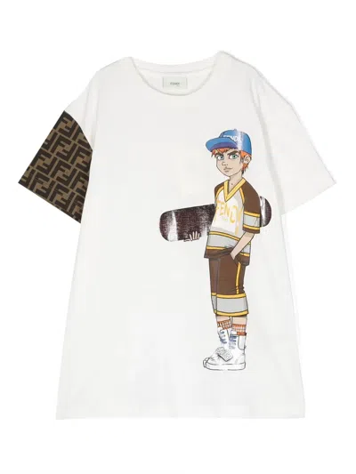 Fendi Kids' Monogram-sleeve Cotton T-shirt In White