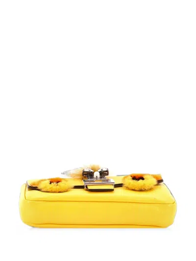 Pre-owned Fendi Monster Baguette Leather And Fur Micro Crossbody Bag In Yellow