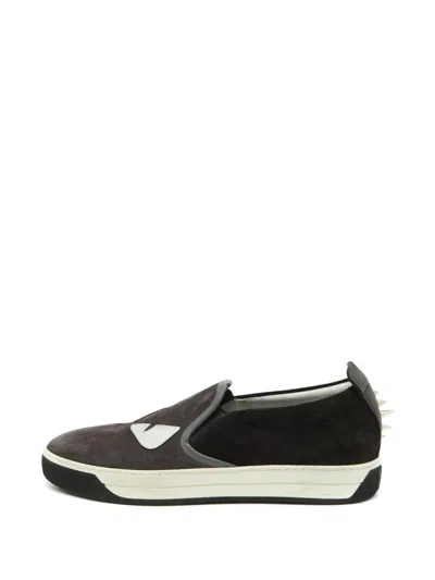 Pre-owned Fendi Monster Eyes Suede Sneakers In Gray