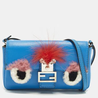 Pre-owned Fendi Monster Micro Blue Fur And Leather Baguette Bag