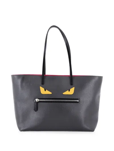 Pre-owned Fendi Monster Roll Leather Medium Tote Bag In Grey