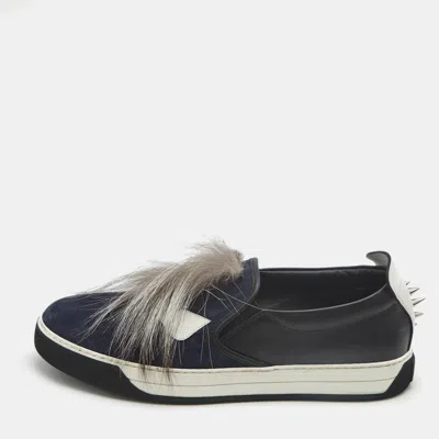 Pre-owned Fendi Monster Size 43 Navy Blue/black Leather And Suede Slip On Sneakers