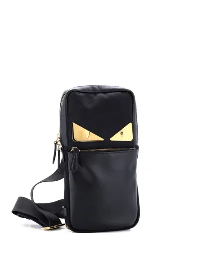 Pre-owned Fendi Monster Sling Bag Nylon And Leather Medium Crossbody Bag In Black