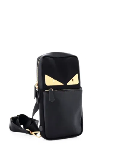 Pre-owned Fendi Monster Sling Bag Nylon And Leather Medium Crossbody Bag In Black