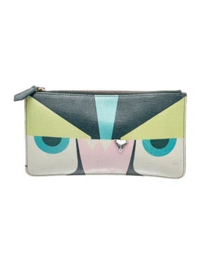 Pre-owned Fendi Monsters Crystal-tooth Flat Pouch Vintage In Blue