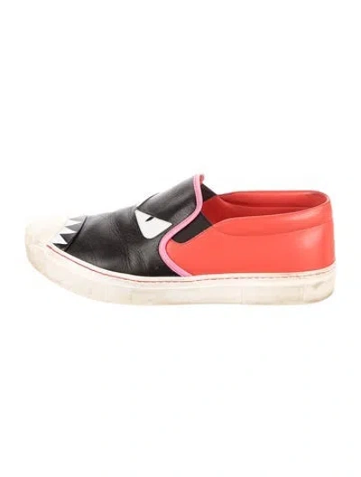 Pre-owned Fendi Monsters Motif Leather Loafers In Red