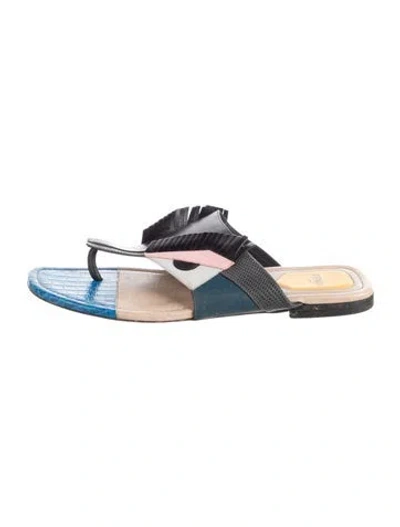 Pre-owned Fendi Monsters Motif Leather Slides In Silver