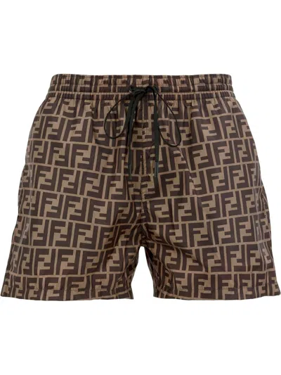 Fendi Mud All-over Logo Swim Shorts For Men, Beachwear For All Seasons In Brown